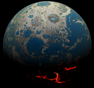 Artist’s depiction of an asteroid-battered Earth during the Hadean.